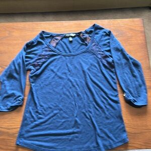 Lena Women’s top - medium -Roll-tab Sleeves Navy Blue Scoop Neck lace panels